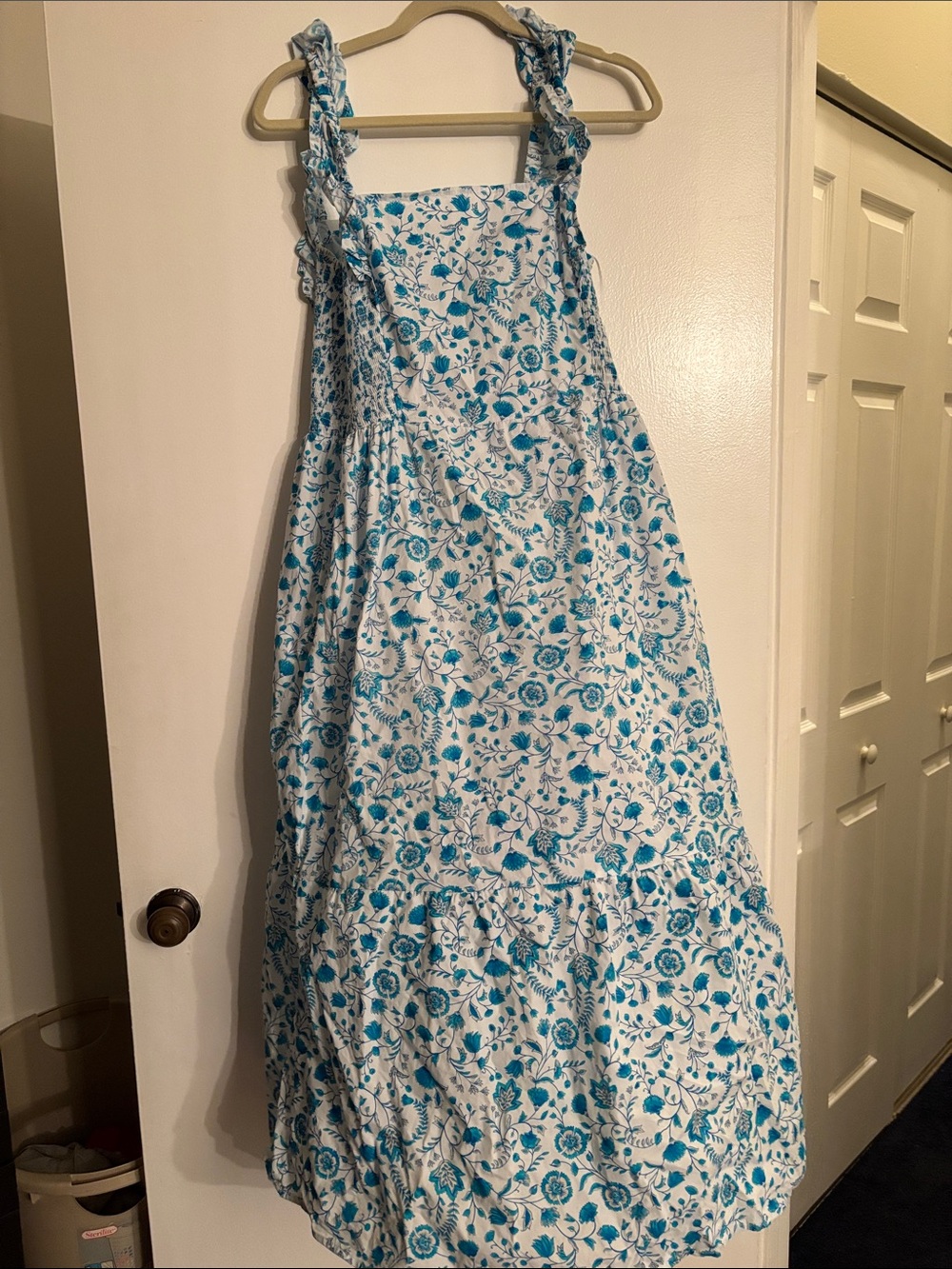 Draper James Floral Ruffle Strap Smocked Midi Dress Blue White XL Summer